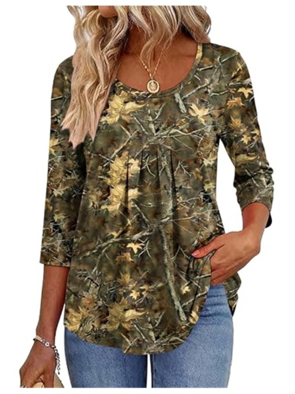 3/4 Sleeve Tops for Women Crew Neck Blouses Pleated Casual Shirt Fall